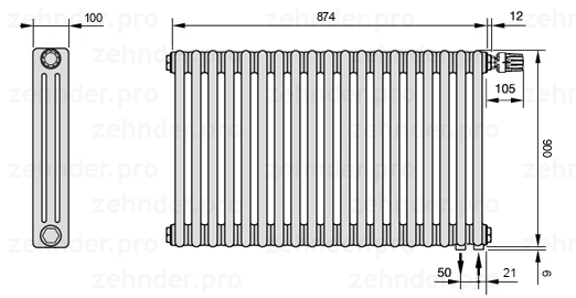 Схема (чертеж) Радиатор Zehnder Charleston 3090/19 №V002 Белый глянцевый RAL 9016